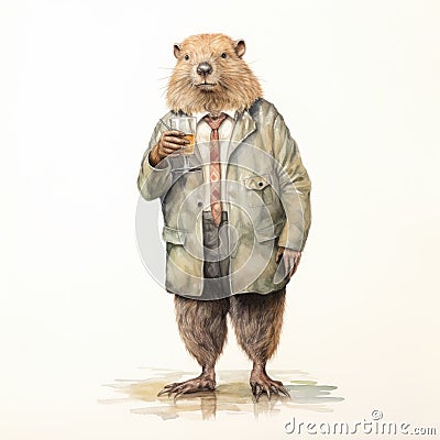 Realistic Watercolor Illustration Of A Beaver Holding Beer In Coat Stock Photo