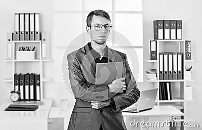 Man in jacket folder manager work, documents control concept Stock Photo