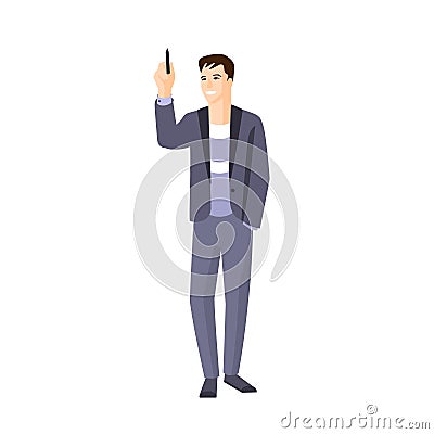 Man In Jacket On Sweater Writing On Whiteboard Part Of The Collection Of Young Professional People Office Style And Vector Illustration