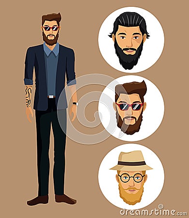 Man jacket tattoo bearded glasses-faces men Vector Illustration