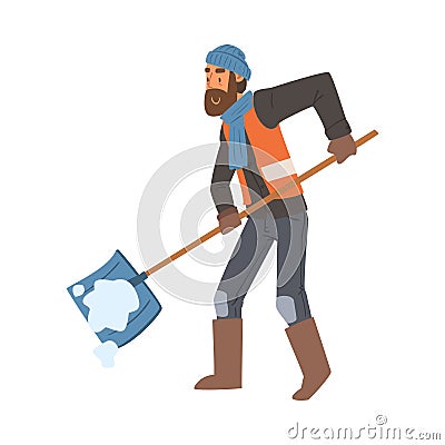 Man Janitor Cleaning Snow with Big Shovel Outdoors, Male Professional Cleaning Staff Character with Equipment Vector Vector Illustration