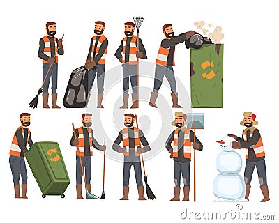 Man Janitor Sweeping and Gathering Garbage Set, Male Professional Cleaning Staff Character Wearing Orange Vests Vector Illustration