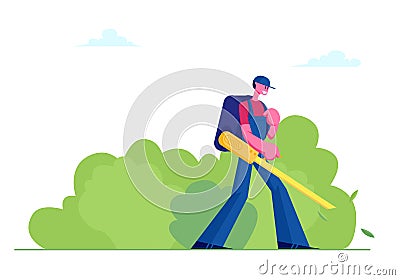 Man Janitor in Uniform with Big Backpack Blowing Autumn Leaves Away with Leaf Blower, Male Character Cleaning Street Vector Illustration