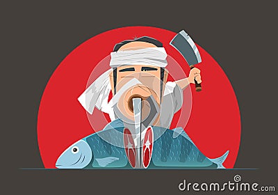 Man japanese asian cook chef cooking fish or sushi Vector Illustration