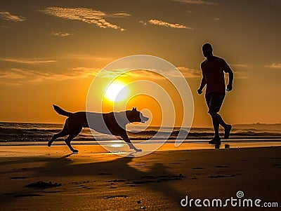 A man is jogging by the beach while being accompanied by his beloved dog. Stock Photo