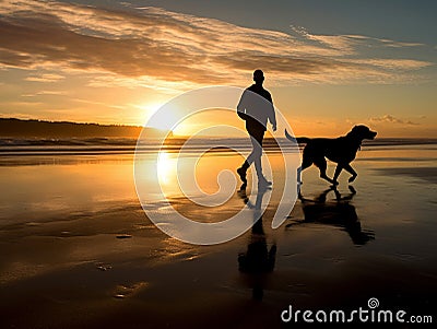 A man is jogging by the beach while being accompanied by his beloved dog. Stock Photo