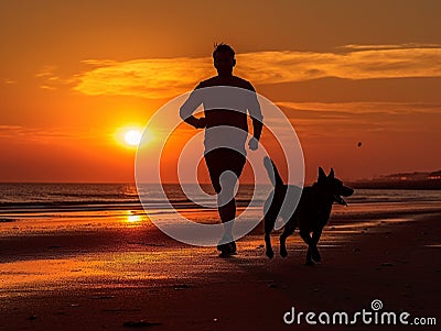 A man is jogging by the beach while being accompanied by his beloved dog. Stock Photo