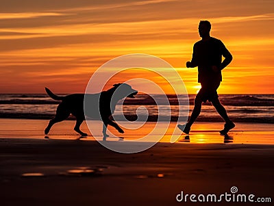 A man is jogging by the beach while being accompanied by his beloved dog. Stock Photo