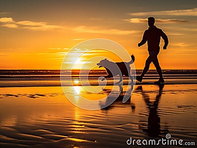 A man is jogging by the beach while being accompanied by his beloved dog. Stock Photo
