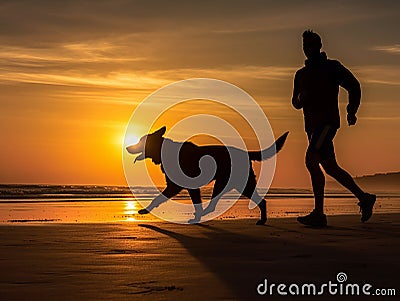 A man is jogging by the beach while being accompanied by his beloved dog. Stock Photo