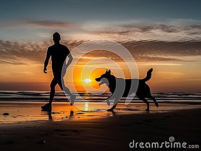 A man is jogging by the beach while being accompanied by his beloved dog. Stock Photo