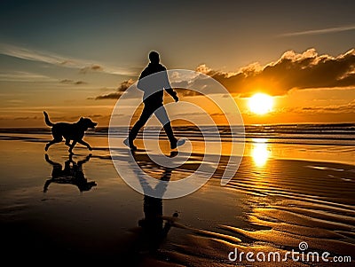 A man is jogging by the beach while being accompanied by his beloved dog. Stock Photo