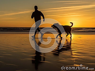 A man is jogging by the beach while being accompanied by his beloved dog. Stock Photo