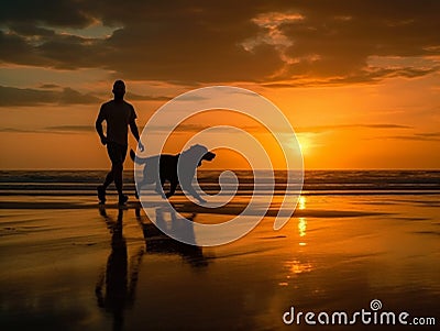 A man is jogging by the beach while being accompanied by his beloved dog. Stock Photo