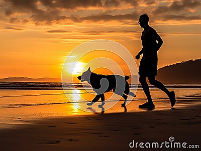 A man is jogging by the beach while being accompanied by his beloved dog. Stock Photo