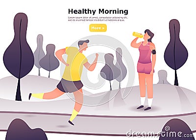 Man jogging or at scamper, woman resting Vector Illustration