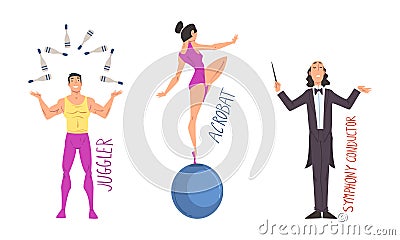 Man Juggler and Woman Acrobat Balancing on Ball Having Creative Profession Vector Set Vector Illustration