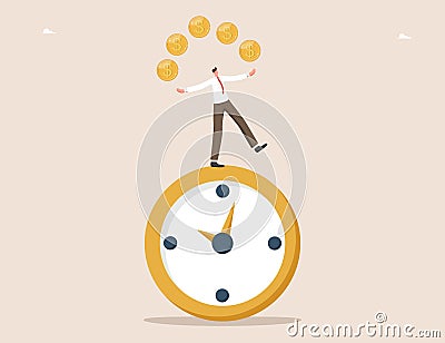 Man juggling coins while standing on clock Vector Illustration