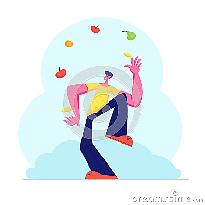 Man Juggling with Different Fruits and Vegetables. Juggler Male Character Throwing Up Healthy Vegetarian Products, Vitamins Vector Illustration