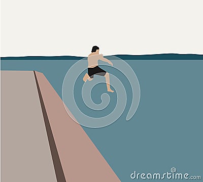 Man jump to lake water having fun during vacation. Vector illustration. Vector Illustration