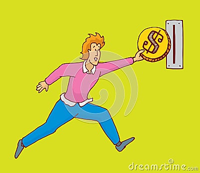 Man jumping inserting giant coin into slot Vector Illustration