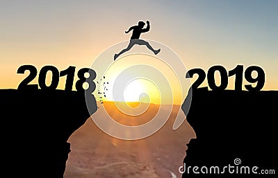 Man jumping over abyss with text 2018/2019. Stock Photo