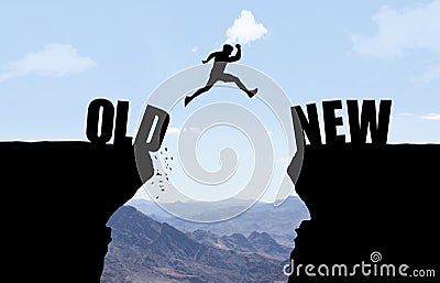 Man jumping over abyss with text OLD/NEW. Stock Photo