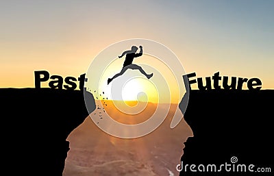 Man jumping over abyss with text Past/Future. Stock Photo