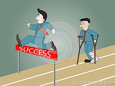 A man jumping over hurdle and man standing injured Vector Illustration