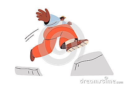 Man jumping over obstacle. Brave character overcoming difficulty, daring to risk. Ambition, danger, courage, way to goal Vector Illustration