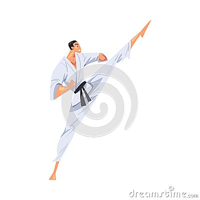 Man Karateka Doing High Leg Kick, Male Karate Fighter Character in White Kimono Practicing Traditional Japan Martial Art Vector Illustration