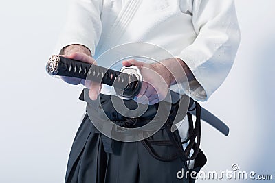 A man with katana on Iaido practice Stock Photo