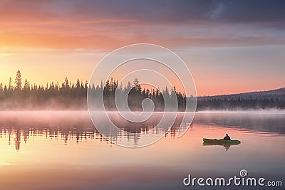 Man in a kayak on the river on the scenic sunset Stock Photo