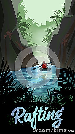 Man Kayaking On Mountain River Vector Illustration