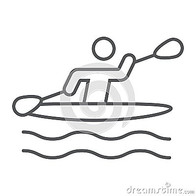 Man kayaking thin line icon, sport and rowing, canoeing sign, vector graphics, a linear pattern on a white background. Vector Illustration