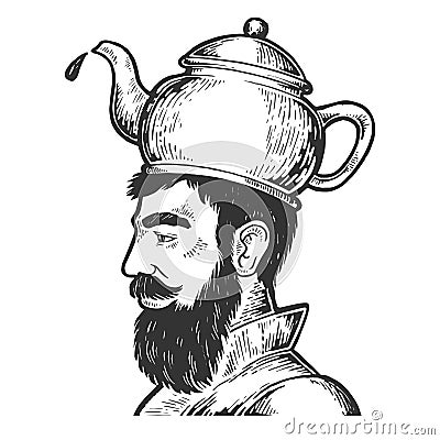 Man with kettle teapot hat engraving style vector Vector Illustration
