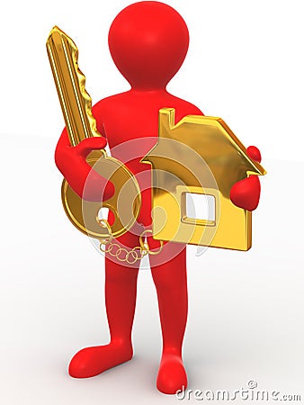 Man with key and trinkets. 3d Cartoon Illustration