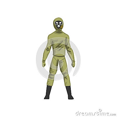 Man in Khaki Protective Suit and Gas Mask, Military Professional Safety Uniform Vector Illustration Vector Illustration