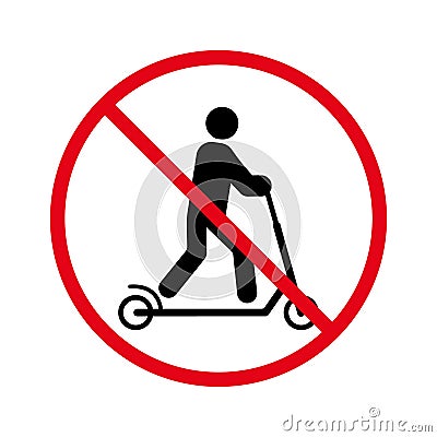 Man on Kick Scooter Ban Black Silhouette Icon. Forbidden Person on Trotinette Pictogram. Male Push Wheel Stop Symbol Vector Illustration