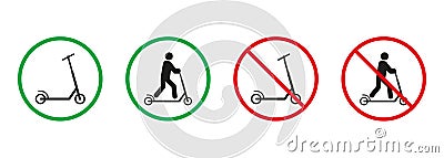 Man on Kick Scooter Red and Green Signs. Person on Trotinette Silhouette Icons Set. Allowed and Prohibited Entry with Vector Illustration
