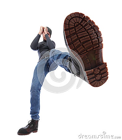The man is kicking. Foot with a shoe close-up. Fun kick fights w Stock Photo