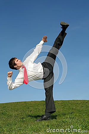 Man kicking in Kung Fu pose Stock Photo