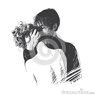 A man kisses a woman on the head. Farewell, or maybe a meeting of two lovers. Vector Illustration