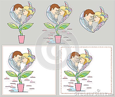 Man kisses woman`s hand showing love, respect or following. Heart shape in flower pot. Vector illustration isolated on white Vector Illustration