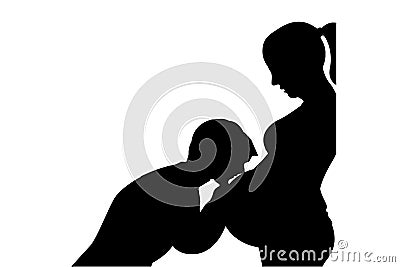Man kissing belly of a pregnant women logo on white background Stock Photo