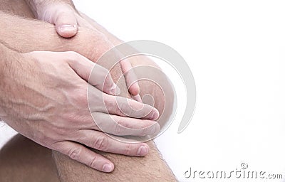 Man with knee pain and feeling bad in medical office. Osteoarthritis , osteophyte, subchondral sclerosis. massage for Stock Photo