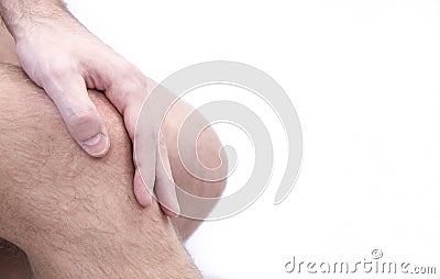 Man with knee pain and feeling bad in medical office. Osteoarthritis , osteophyte, subchondral sclerosis. massage for Stock Photo