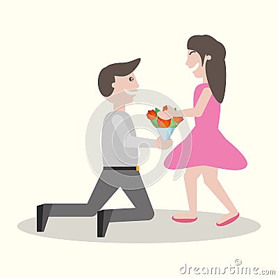 Man kneel gives flowers girl Vector Illustration