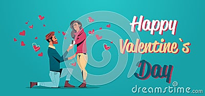 Man kneeling holding engagement ring proposing to woman marry him happy valentines day concept young couple in love Vector Illustration