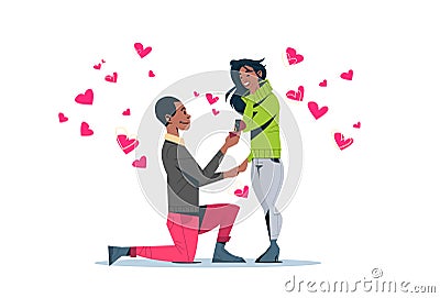 Man kneeling holding engagement ring proposing woman marry him happy valentines day concept african american couple in Vector Illustration